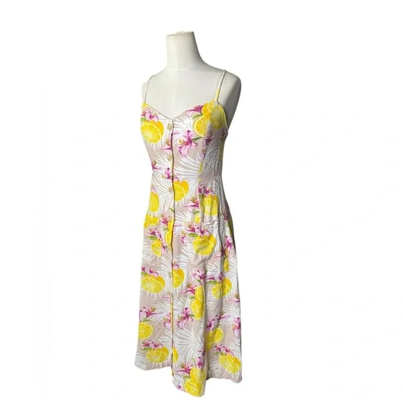 Forever 21 Linen Blend Lemon Floral Midi Dress Size M - Picture 4 of 6